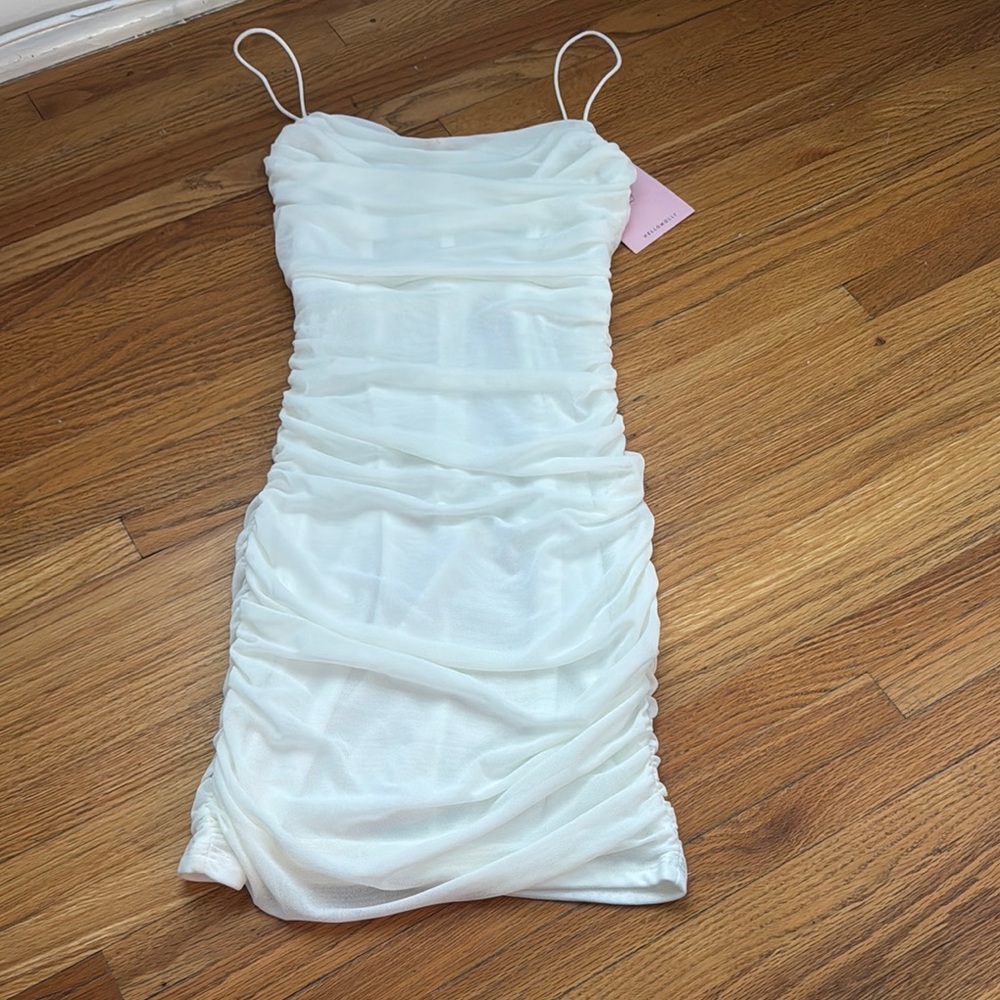 Hello Molly White Ruched Bodycon Mini Dress